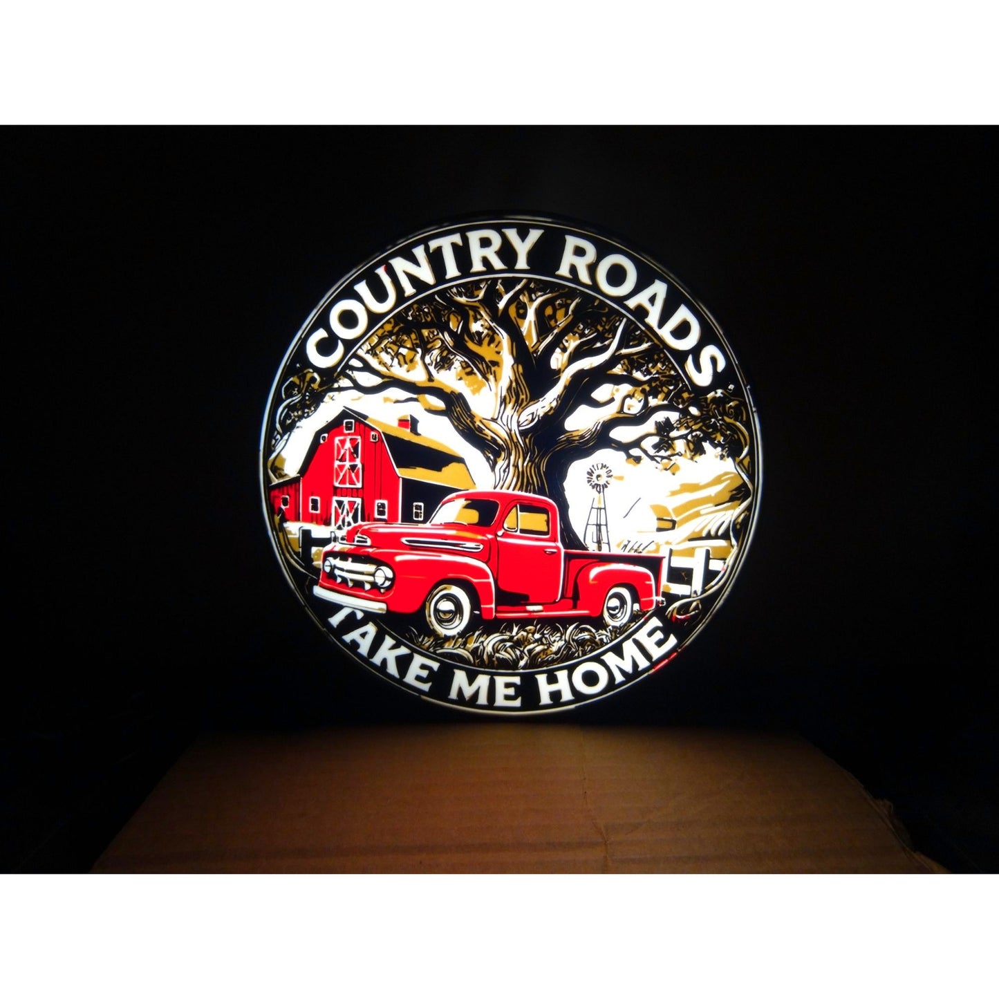 Country Roads Take Me Home LED Light-Up Sign With Red Truck & Barn Scene Dimmer switch