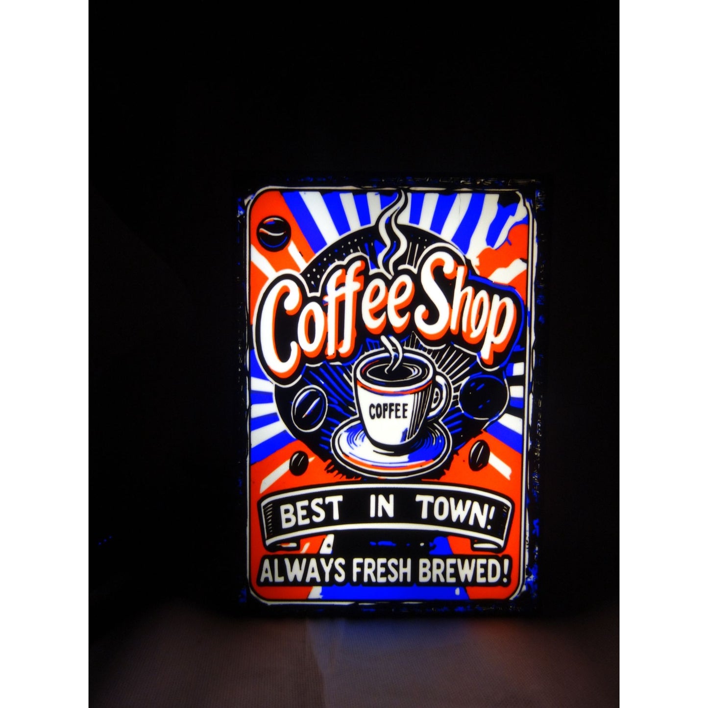 Retro-Inspired LED Coffee Shop Sign With Vibrant Colors And "Best In Town! Always Fresh Brewed!" Text