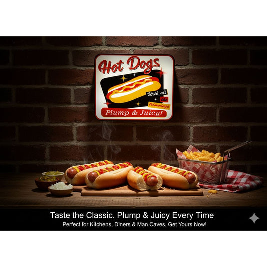 Retro Style LED Hot Dogs Sign With "Plump & Juicy!" Text