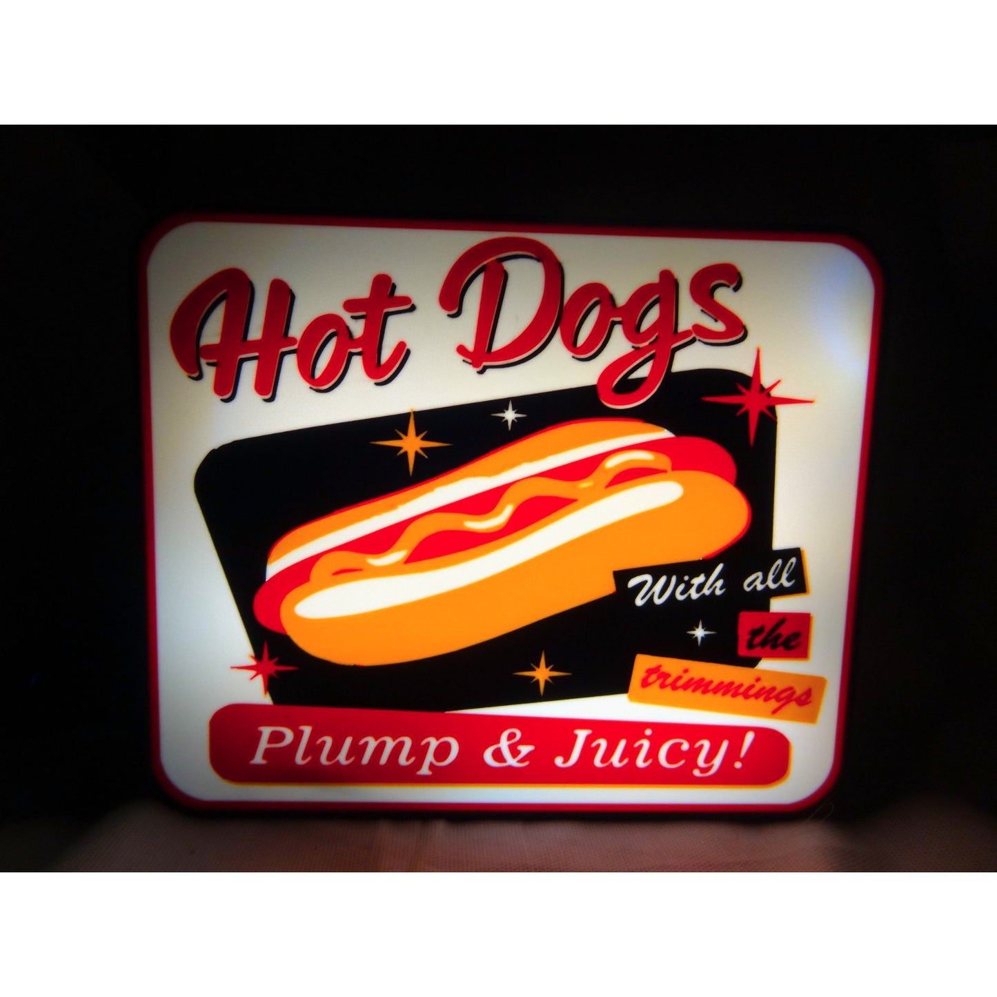 Retro Style LED Hot Dogs Sign With "Plump & Juicy!" Text