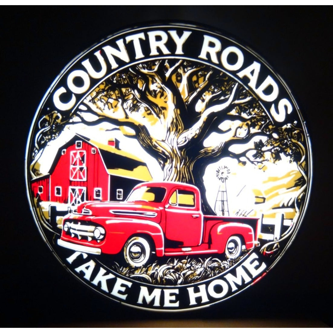 Country Roads Take Me Home LED Light-Up Sign With Red Truck & Barn Scene Dimmer switch