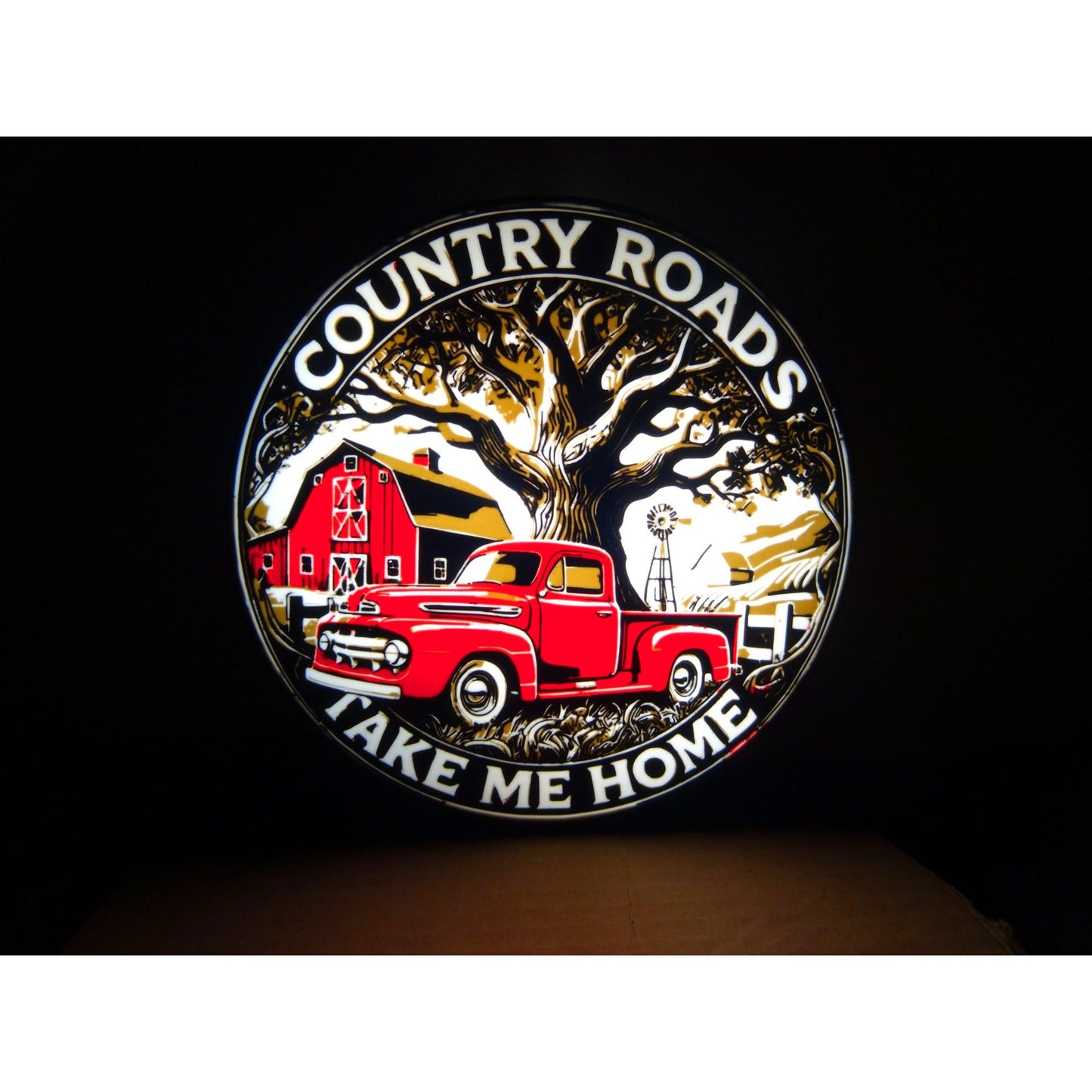 Country Roads Take Me Home LED Light-Up Sign With Red Truck & Barn Scene Dimmer switch
