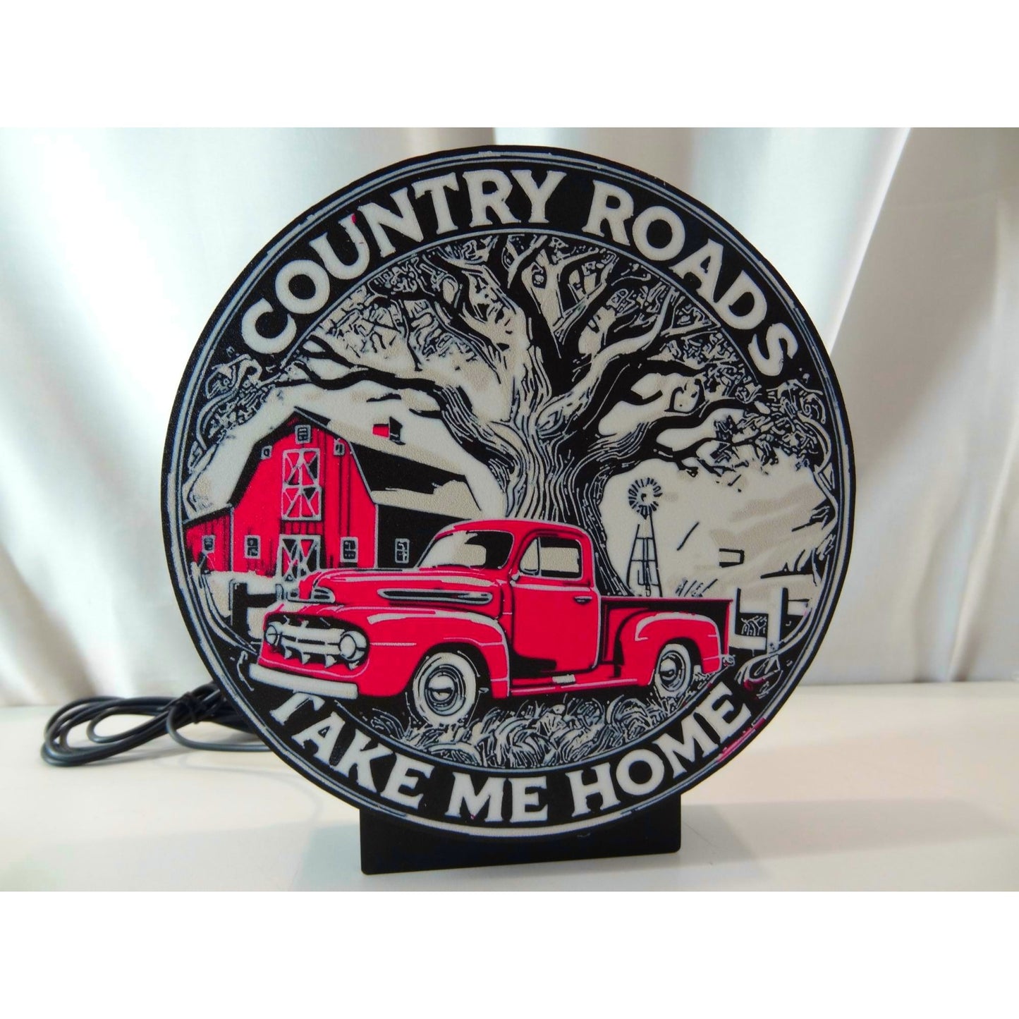 Country Roads Take Me Home LED Light-Up Sign With Red Truck & Barn Scene Dimmer switch
