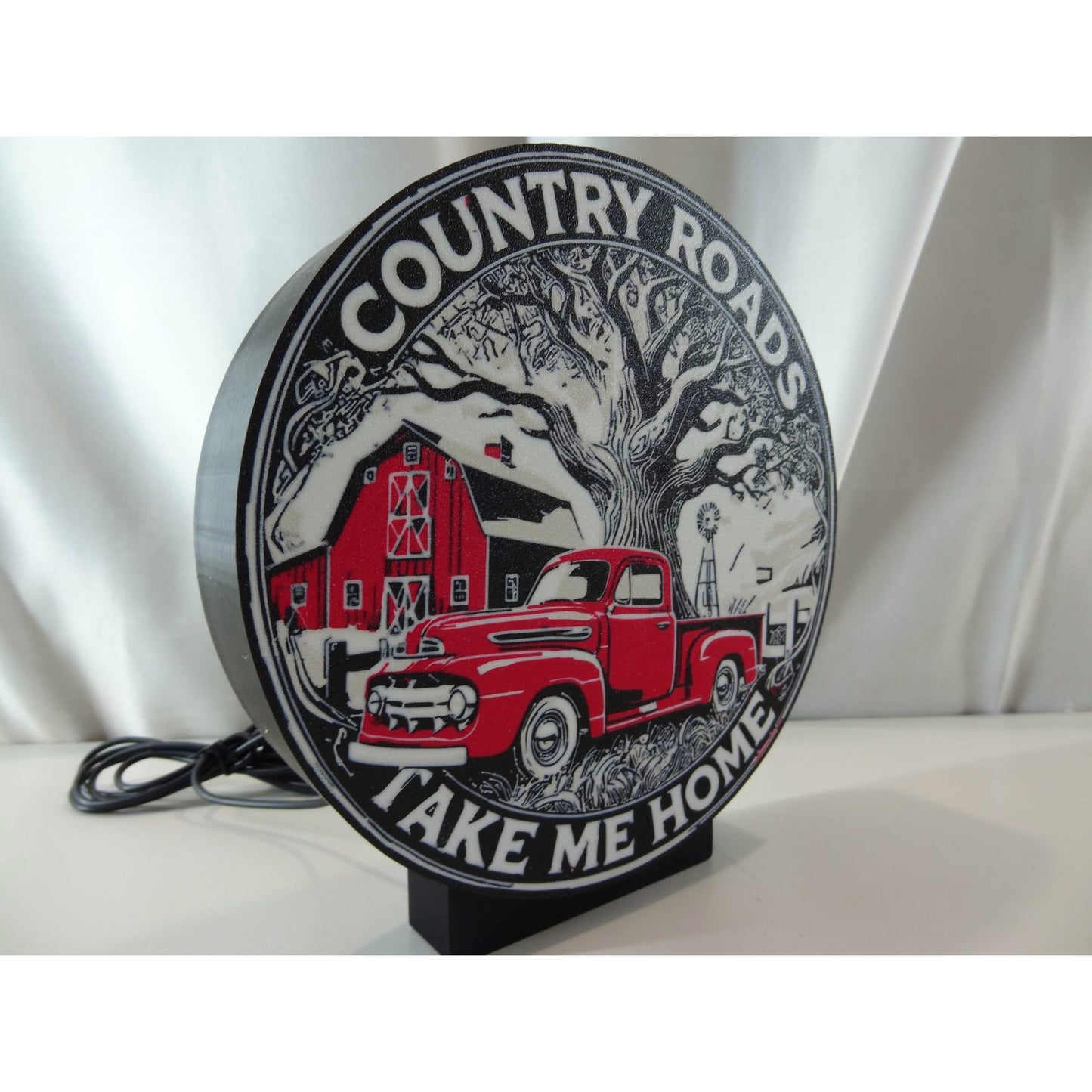 Country Roads Take Me Home LED Light-Up Sign With Red Truck & Barn Scene Dimmer switch