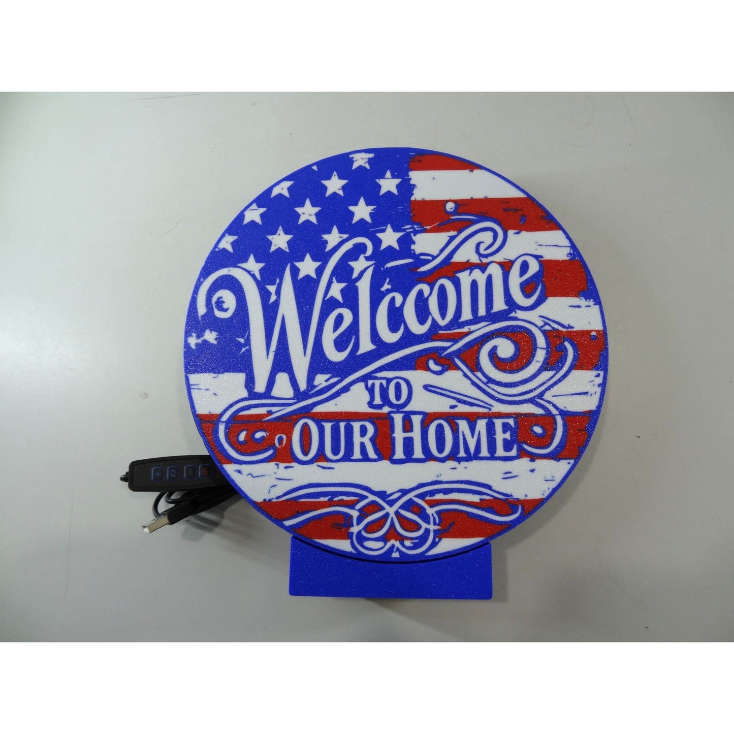 Patriotic LED Welcome Sign With USB American Flag Design Circular Shape with dimmer switch