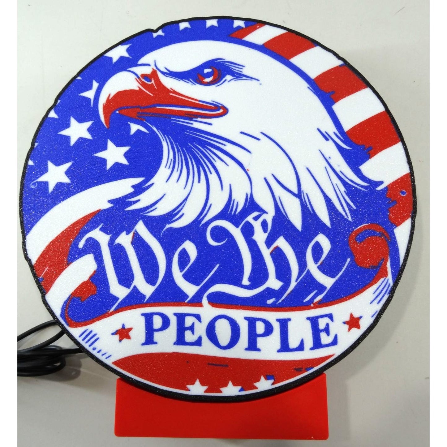 Patriotic LED Light-Up USB Sign With "We The People" Design American Flag & Bald Eagle Artwork 9" Diameter